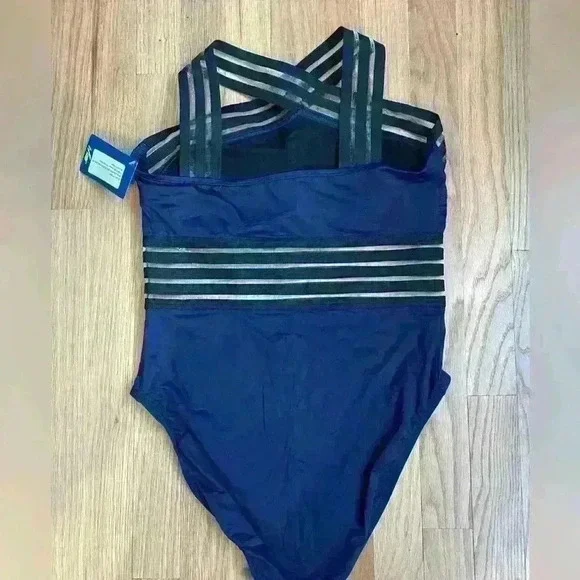 NWT Hilor navy blue Front Crossover One Piece Swimsuit Women’s Large Size 10-12 - Picture 6 of 8